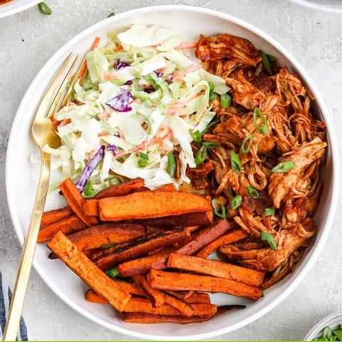 BBQ Chicken Bowl with Coleslaw & Sweet Potatoes Fries