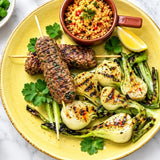 Ground Beef and Veggie Skewers with Grilled Onions and Tomato Almond Pesto