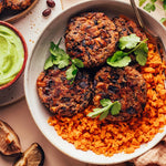 Spicy Mushroom Black Bean Fritters with Sweet Potatoes Rice and Avocado Crema