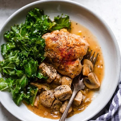 Braised Chicken Thighs with Mushrooms and Steamed Greens