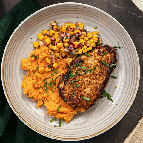 Cajun Chicken with Sweet Potatoes Mash and Corn & Turkey Bacon Fry