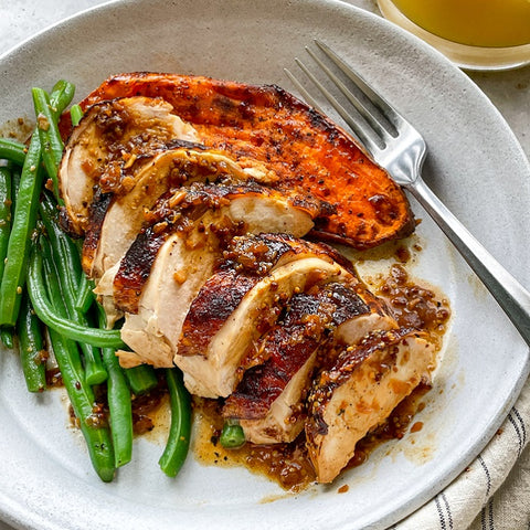 Orange Mustard Turkey Breast with Sweet Potatoes and Green Beans