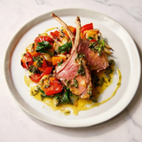 Lamb Rib Chops with Roasted Vegetables and Mint Dressing