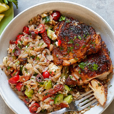 Mediterranean Orzo Salad with Roasted Chicken Thighs