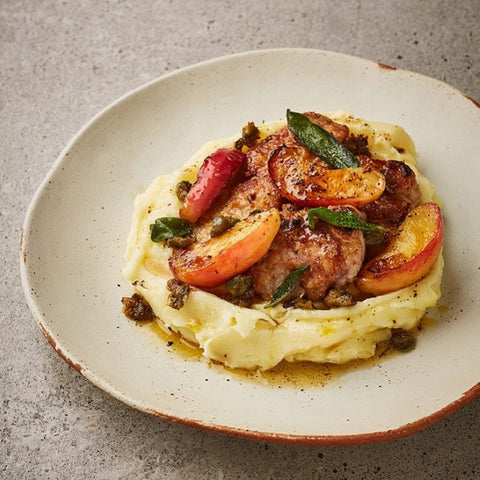Pork Piccata with Mashed Potatoes and Roast Apples