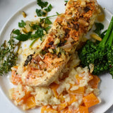 Lemon Gralic Halibut with Butternut Sqush Creamy Risotto