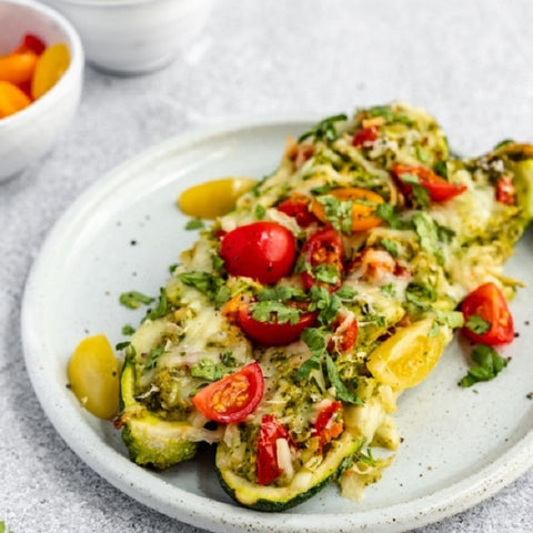 Pesto Chicken Stuffed Zucchini Boats
