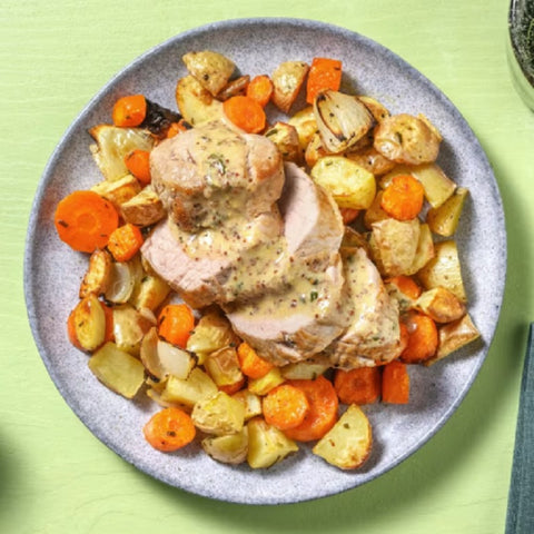 Roast Pork with Dijon Cream Sauce and Mixed Veggies