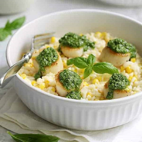Sweet Corn Risotto with Seared Scallops and Basil Salsa Verde