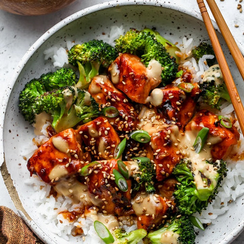 Sesame Salmon Rice Bowl with Ginger Sauce