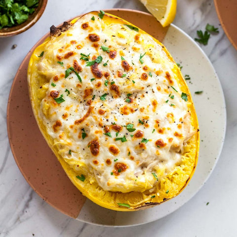 Skinny Chicken Alfredo Stuffed Spaghetti Squash