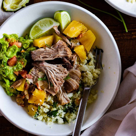 Slow Cooked Pineapple Pulled Pork with Cauliflower Rice & Guacamole