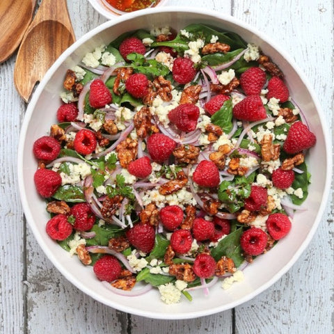 Spinach Raspberry Salad with Gorgonzola and Walnuts
