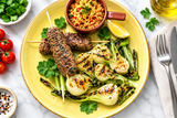 Ground Beef and Veggie Skewers with Grilled Onions and Tomato Almond Pesto
