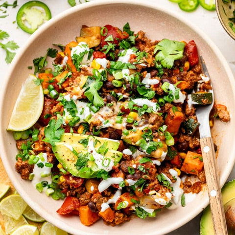 Ground Beef and Zucchini Skillet w Creamy cilantro-lime dressing and Yam