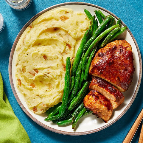 Chicken Meatloaf with Garlic Mash and Roasted Green Beans