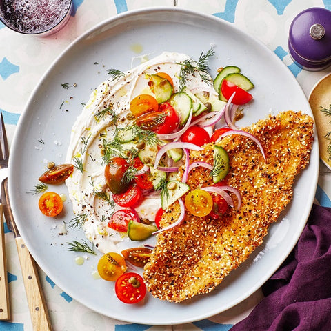 Everything-Spice Fish with Tomato Salad and Lemony Greek Yogurt Cauliflower Mash