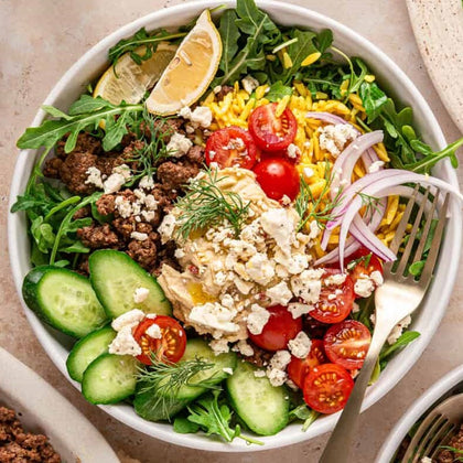 Ground Lamb Hummus, Orzo Bowl