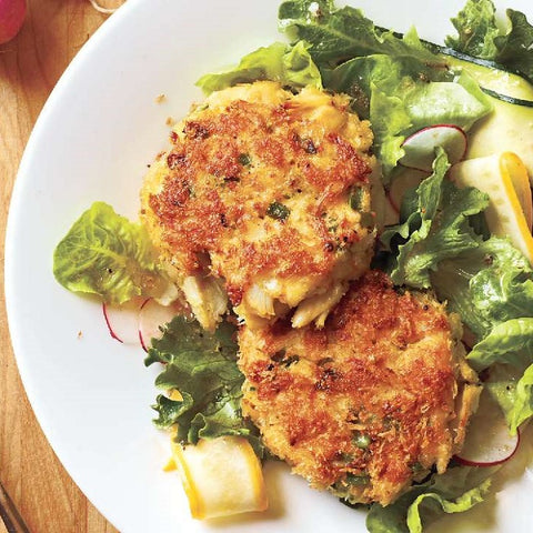 Shrimp Cakes With Zucchini Ribbons and Red Bell Pepper Mayo