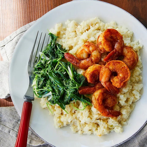 Shrimp With Cauliflower Grits and Steamed Greens
