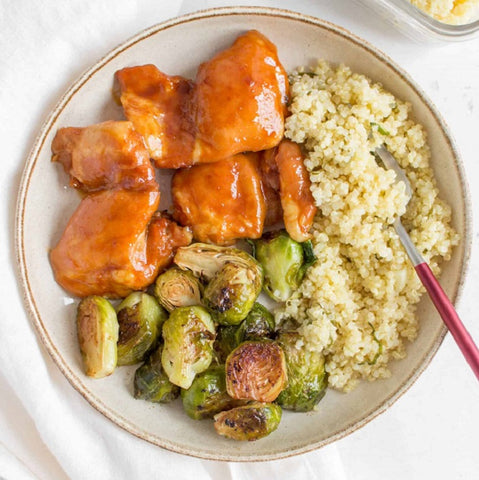 Sweet and Spicy Chicken Thighs with Brussels Sprouts and Millet