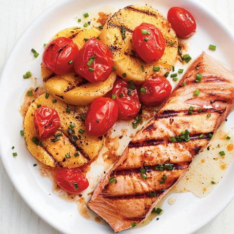 Cilantro and Lime Roasted Salmon with Sweet Potato and Cherry tomato