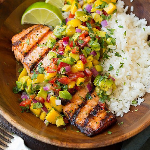 Grilled Lime Salmon with Mango Salsa and Steam Rice