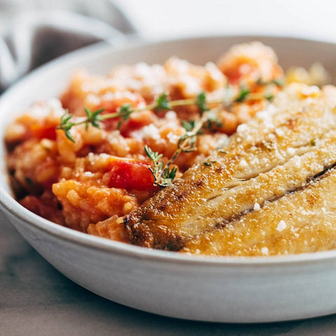 Creamy Tomato Brown Rice Risotto with Pan Fried Tilapia