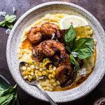 Cajun Garlic Lemon Shrimp with Corn Salsa and Sweet Potatoes Mash