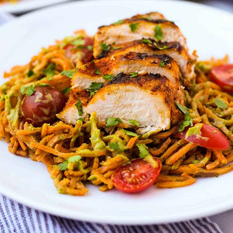 Spicy Chili Chicken & Sweet Potatoes Noodles with Avocado Sauce