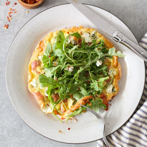 Frittata with Prosciutto, Herb Goat Cheese, and Arugula