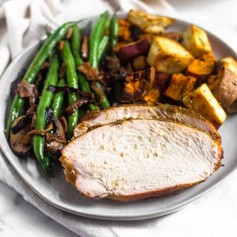 Grilled Citrus Turkey Breast with Sweet Potatoes, Green Beans, Mushrooms