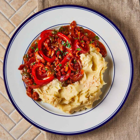 Harissa Ground Chicken with White Bean and Sweet Potatoes Mash