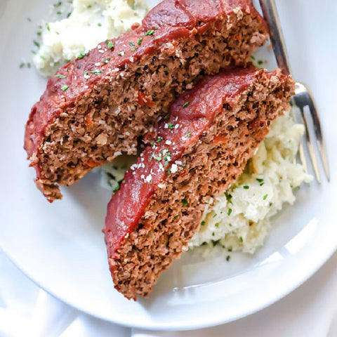 Meatloaf with Tomato Glaze and Cauliflower & Sweet Potatoes Mash