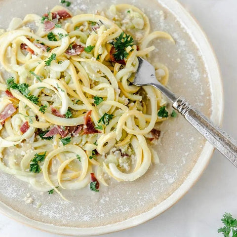 Paleo Carbonara with Yellow Squash Noodles