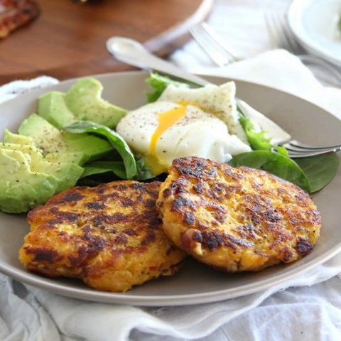 Plantain Turkey Bacon Fritters with Avocado and Poached Egg