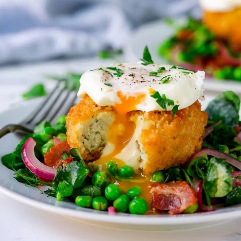 Cod Cake with Turkey Bacon and Pea Salad