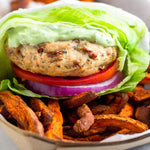 Low Carb Sun Dried Tomato Chicken Burger With Sweet Potato Fries