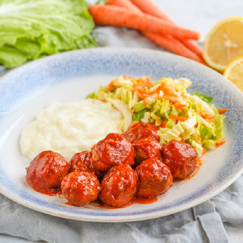BBQ Turkey Meatballs with Mashed Potatoes and Coleslaw