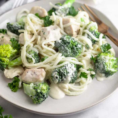 Chicken and Broccoli Alfredo with Celery Root Noodles