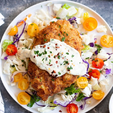Low Carb Crispy Baked Chicken with Cabbage Mix Salad and Whole30 Ranch Sauce