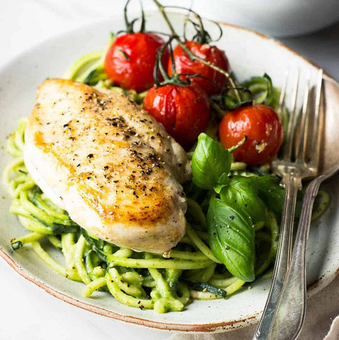 Chicken with Avocado Basil Sauce Zoodles and Roasted Tomatoes