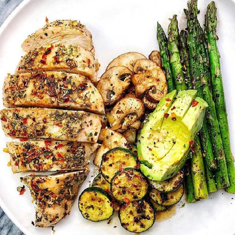 Pan-roasted Chicken with Sauteed Mushrooms and Asparagus
