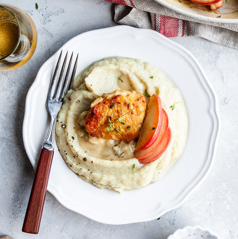 Cider Braised Chicken Thighs With Creamiest Cauliflower Mash