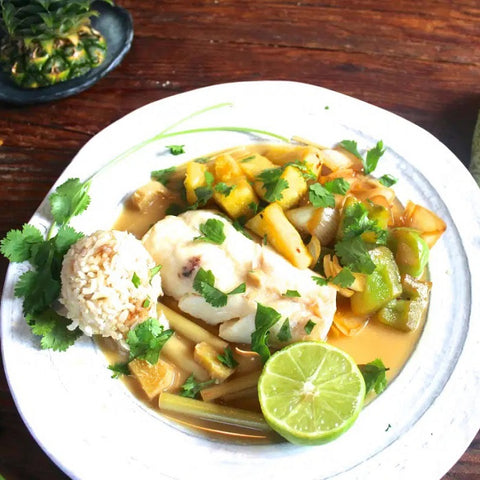 Coconut Milk Poached Cod with Bell Peppers and Pineapple