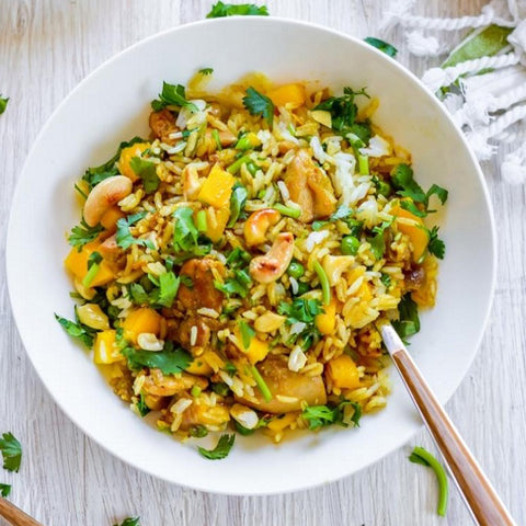 Coconut Cashew Curry Chicken and Rice with Mango