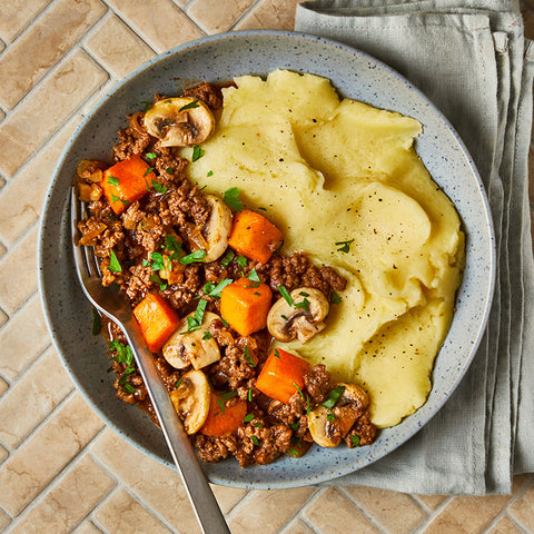 Easy Fried Ground Beef and Squash Stew With Sweet Potatoes Mash