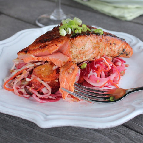 Ginger Soy Glazed Salmon with Asian Beet Slaw