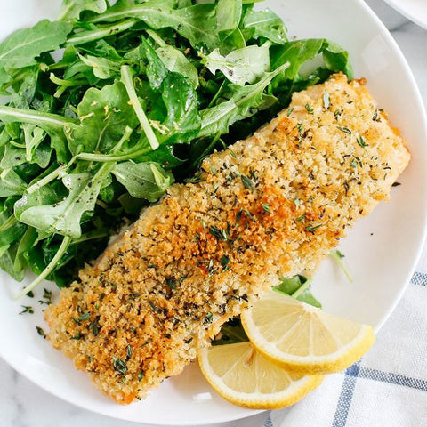 Hummus Crusted Salmon with Lemon Arugula Salad