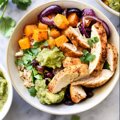 Roasted Chicken Butternut Squash and Guacamole Rice Bowl